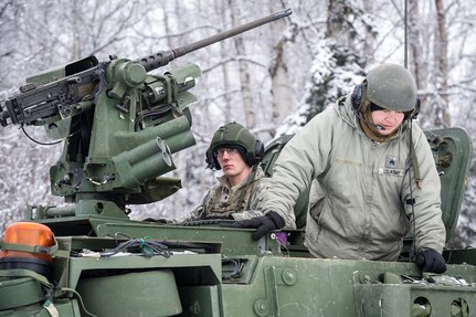 Soldiers assigned to the 1st Battalion, 5th Infantry Regiment, 1st Stryker Brigade Combat Team, 25th Infantry Division, U.S. Army Alaska, prepare for gunnery on Joint Base Elmendorf-Richardson, Alaska, during Operation Punch Bowl. The Fort Wainwright based Soldiers' operation culminated with multiple live-fire and combat training events.