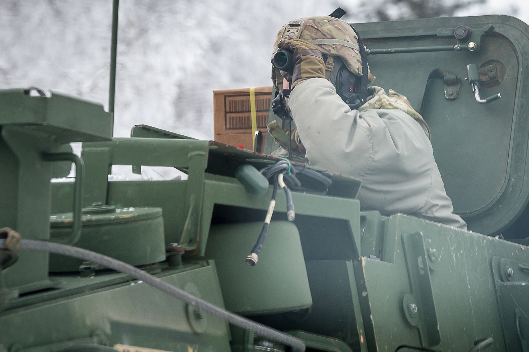 Soldiers assigned to the 1st Battalion, 5th Infantry Regiment, 1st Stryker Brigade Combat Team, 25th Infantry Division, U.S. Army Alaska, prepare for gunnery on Joint Base Elmendorf-Richardson, Alaska, during Operation Punch Bowl. The Fort Wainwright based Soldiers' operation culminated with multiple live-fire and combat training events.