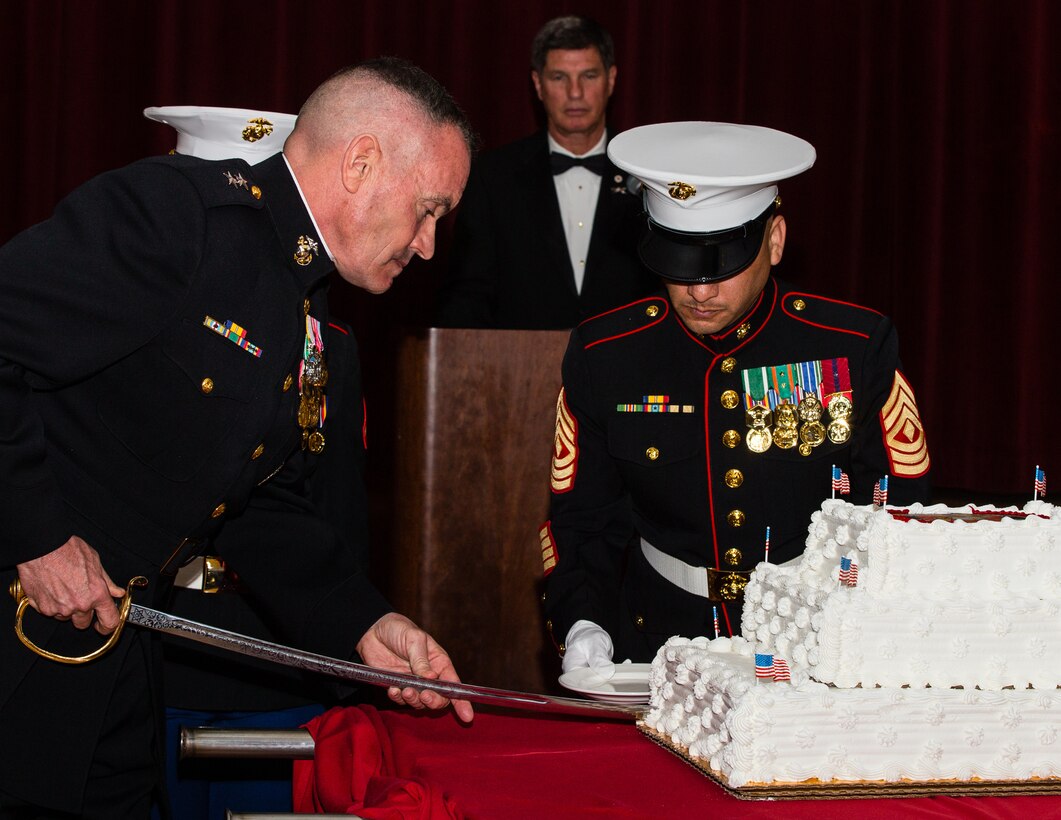 Marines, veterans and family gather for the Iwo Jima Commemorative Banquet for the 73rd Anniversary of the Battle of Iwo Jima at the Marine Corps Base Camp Pendleton, Calif., February 17, 2018. The evening included a sunset memorial, 21-gun salute and banquet. (U.S. Marine Corps photo by Pfc. Drake Nickels)