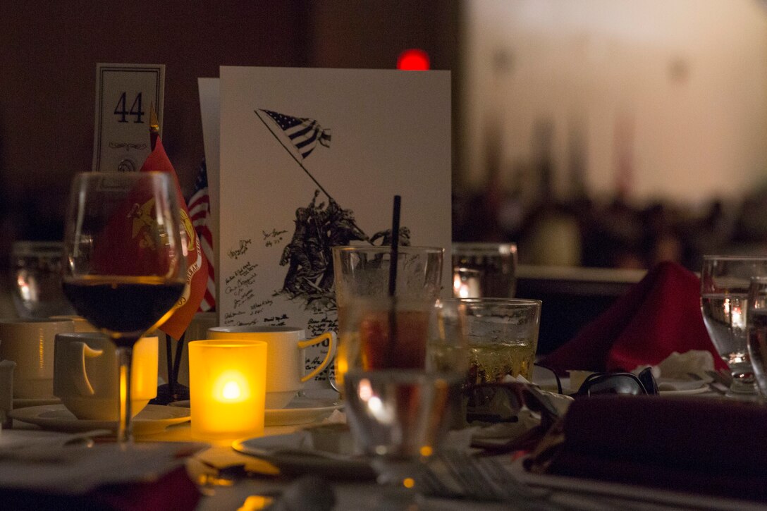 U.S. Marines, veterans and family gathered for the Iwo Jima Commemorative Banquet to celebrate the 73rd anniversary of the Battle of Iwo Jima at Marine Corps Base Camp Pendleton, Calif., February 17, 2018. The evening included a sunset memorial, 21-gun salute and banquet. (U.S. Marine Corps photo by Lance Cpl. Noah Rudash)