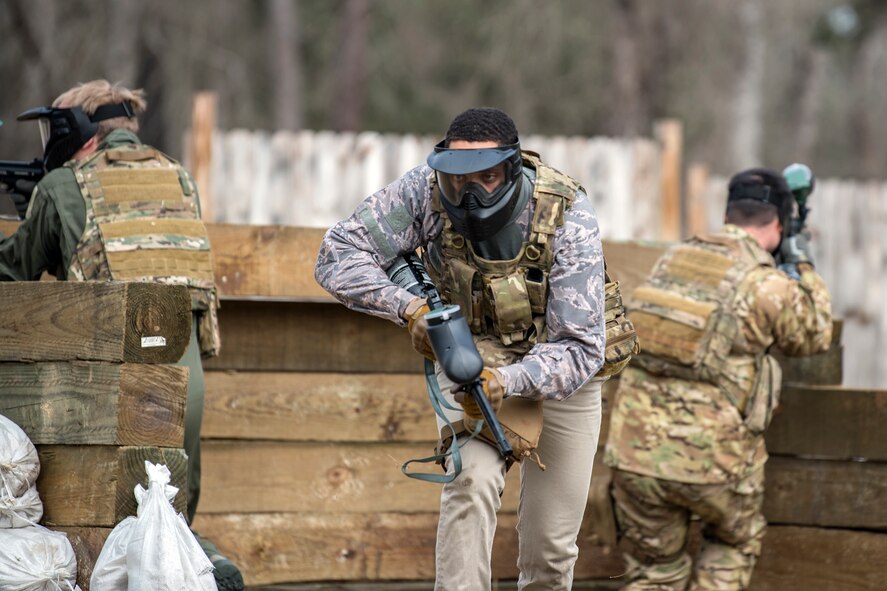 Airman 1st Class Kevin Sherrife, 23d Medical Operations Squadron aerospace medical technician, left, runs to cover, Feb. 14, 2018, at Moody Air Force Base, Ga.  Airmen participated in a Tactical Combat Casualty Care (TCCC) course to better prepare themselves to combat an enemy attack while still being able to apply medical care under enemy fire.
(U.S. Air Force photo by Airman Eugene Oliver)