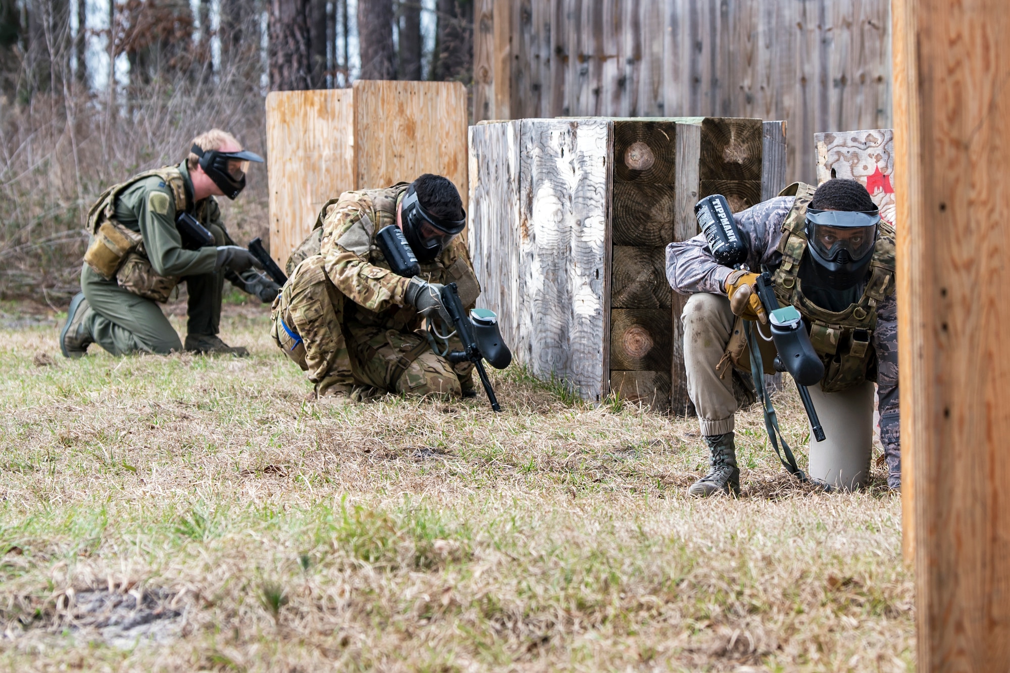 Airmen take cover form enemy fire, Feb. 14, 2018, at Moody Air Force Base, Ga. Airmen participated in a Tactical Combat Casualty Care (TCCC) course to better prepare themselves to combat an enemy attack while still being able to apply medical care under enemy fire.
(U.S. Air Force photo by Airman Eugene Oliver)