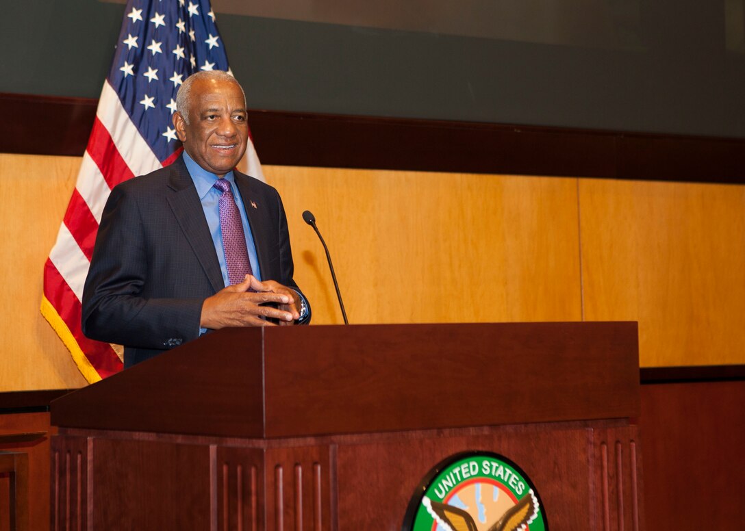 U.S. Air Force Gen. (Ret) Lloyd W. ‘Fig’ Newton, speaks at a National African American History Month celebration kickoff event at USCENTCOM headquarters, Feb. 5, 2018. U.S. Central Command celebrates the achievements of African American service members and civilians during National African American History Month, Feb. 1-28. (Photo by Tom Gagnier)