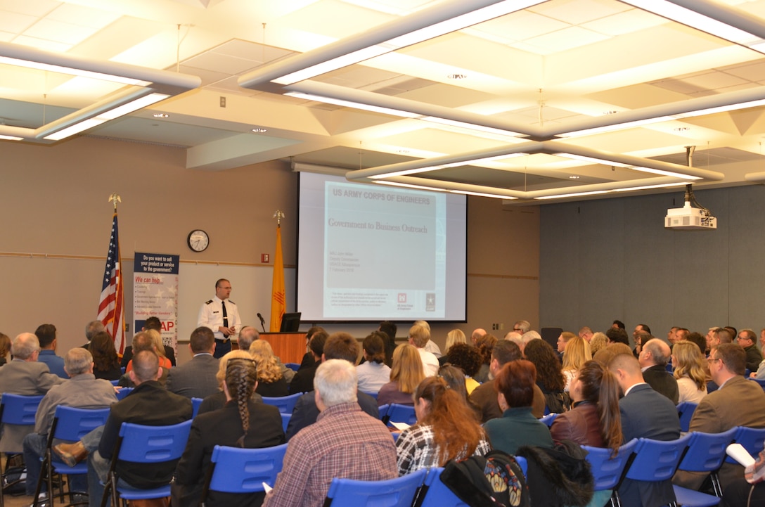 Albuquerque District Deputy Commander Maj. John Miller briefs Industry on the District's mission, programs, and contracting opportunities, Feb. 7, 2018.