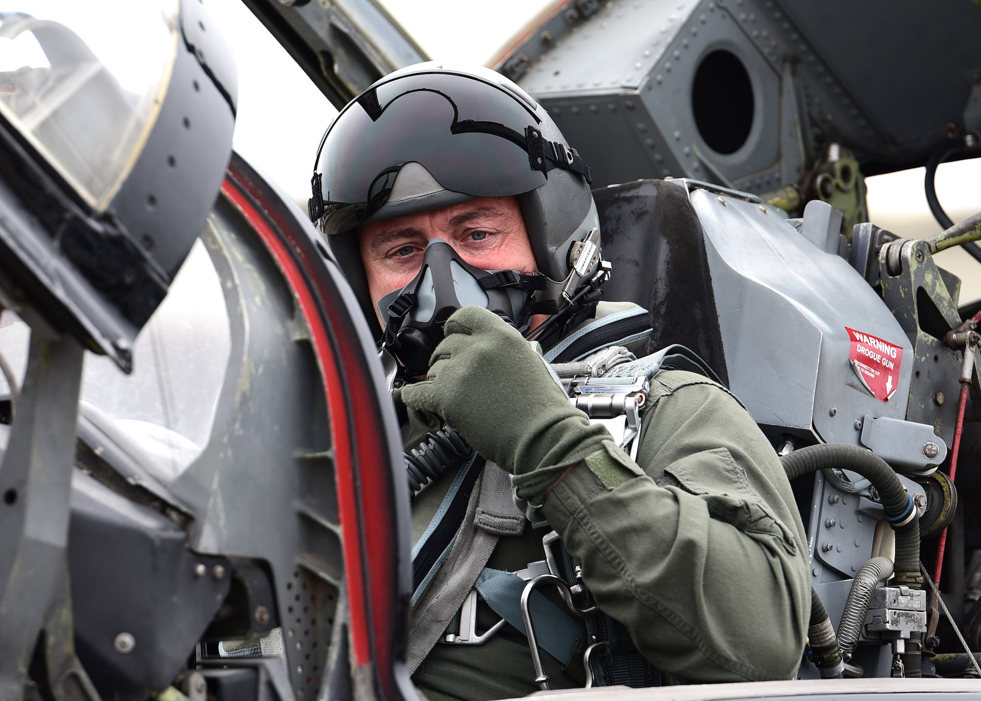 District 2 Bay County Commissioner Robert Carroll adjusts his flight gear prior to a familiarization flight in a T-38 Talon at Tyndall Air Force Base, Fla., Feb. 14, 2018. Carroll is part of a five-member governing board elected at-large to represent the citizens of Bay County. (U.S. Air Force photo by Airman 1st Class Isaiah J. Soliz/Released)