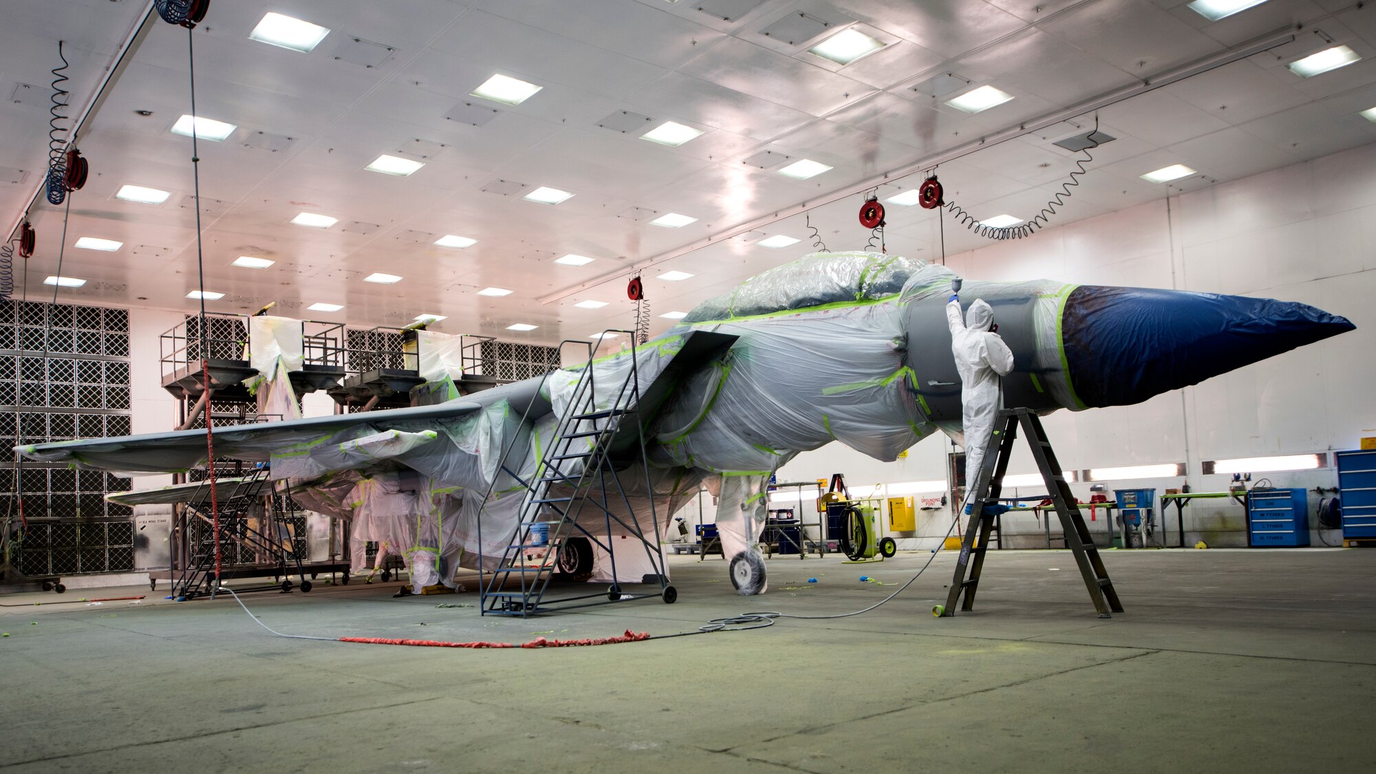 An F-15C is parked inside of the 48th Equipment Maintenance Squadron corrosion control hangar at Royal Air Force Lakenheath, England, Feb. 14, 2018. The 48th EMS corrosion control section is responsible for ensuring all Liberty Wing aircraft and associated equipment are corrosion free and painted. (U.S. Air Force photo/Senior Airman Malcolm Mayfield)