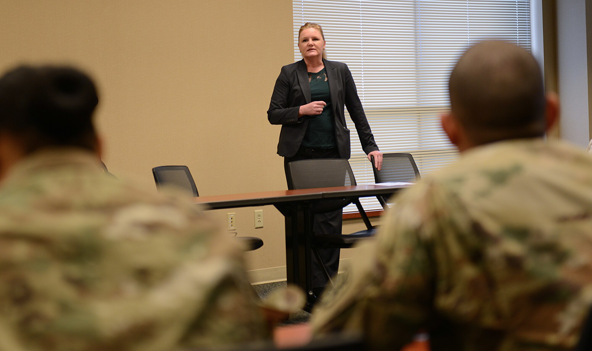 U.S. Army Sgt. Shawnalea Ross, Newport News Police Department Special Victims Unit supervisor, walks Victim Advocates and Sexual Assault Response Coordinators through a typical sexual assault investigate process during a Resource Ride in Newport News, Virginia, Feb. 15, 2018.