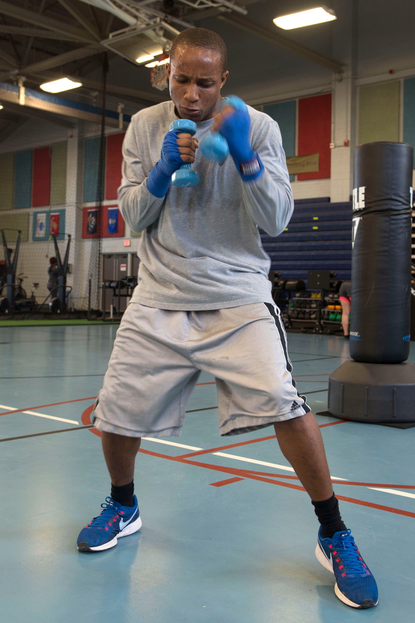 U.S. Army Sgt. Darius Lane, helicopter repairer, Detachment 2, B Company, 935th Aviation Support Battalion, warms up before a boxing training session in Joint Base Langley-Eustis' Anderson Field House at Fort Eustis, Va., Feb. 15, 2018. Lane attends a fellow U.S. Army Soldier's boxing classes five days a week to keep up on training. (U.S. Air Force photo by Airman 1st Class Monica Roybal)
