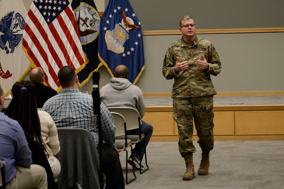 Army Brig. Gen. Mark Simerly, DLA Troop Support commander, meets with employees in the Pathways to Career Excellence program Feb. 13. The PaCE program is a two-year training program designed for entry-level personnel in professional, administrative and technological career fields.