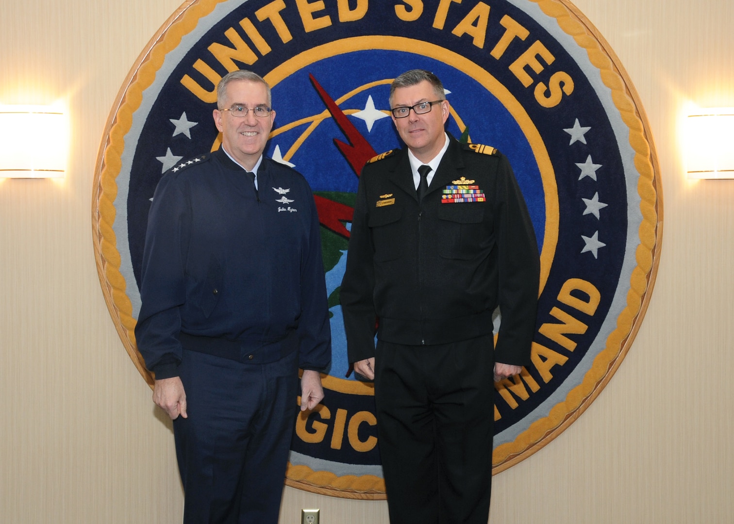 U.S. Air Force Gen. John Hyten, commander of U.S. Strategic Command (USSTRATCOM), meets with Australian Navy Vice Adm. Raymond Griggs, Vice Chief of the Defence Force, at Offutt Air Force Base, Neb., Feb. 21, 2018. During his visit, Griggs participated in bilateral discussions with Hyten and other USSTRATCOM leaders and subject matter experts on a variety of topics of mutual interest for Australia and the United States. Engagements like this are part of the long-standing partnership between the two allies to promote regional and global stability. One of nine Department of Defense unified combatant commands, USSTRATCOM has global responsibilities assigned through the Unified Command Plan that include strategic deterrence, nuclear operations, space operations, joint electromagnetic spectrum operations, global strike, missile defense, and analysis and targeting.