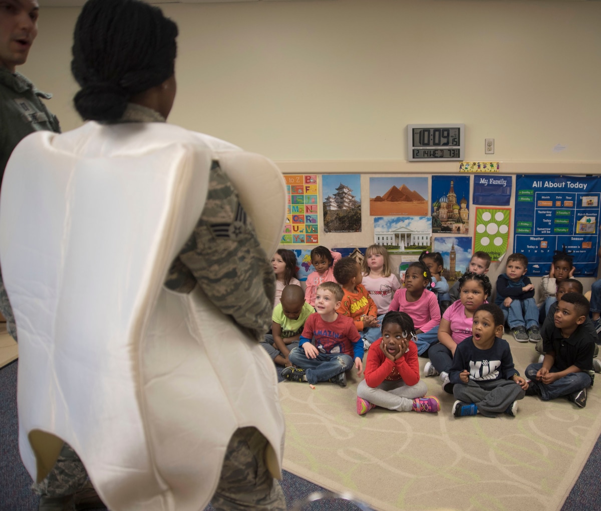 children, class room, instructor, tooth costume