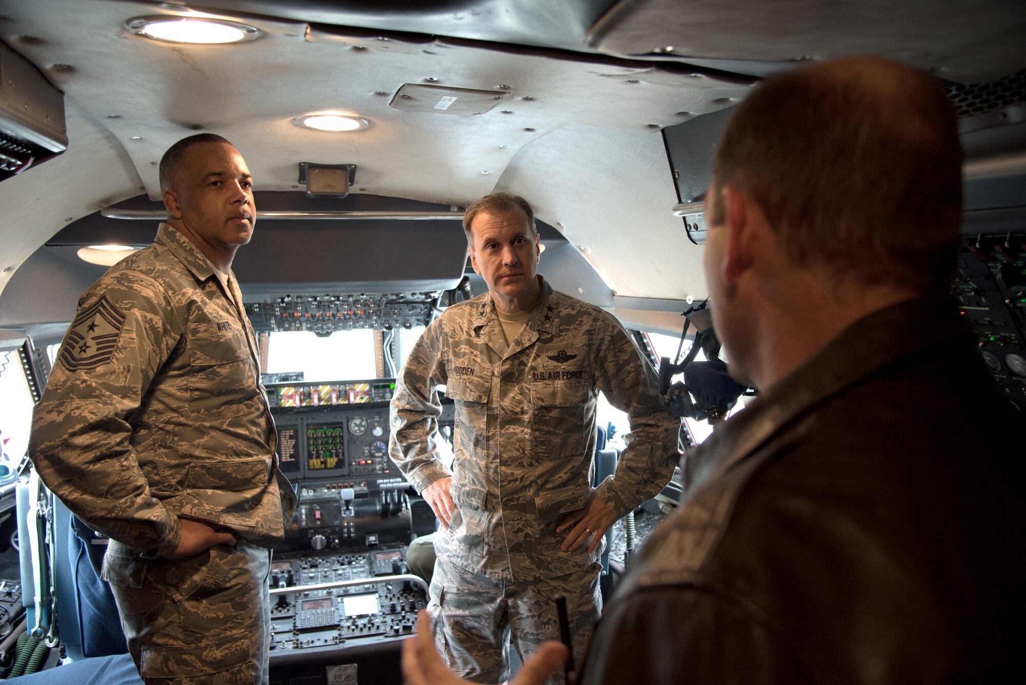 Maj. Gen. Randall Ogden and Chief Master Sgt. Timothy White, the Fourth Air Force commander and command chief, 
visited the units of the 349th AMW, where they recognized star performers and observed airmen completing readiness training.