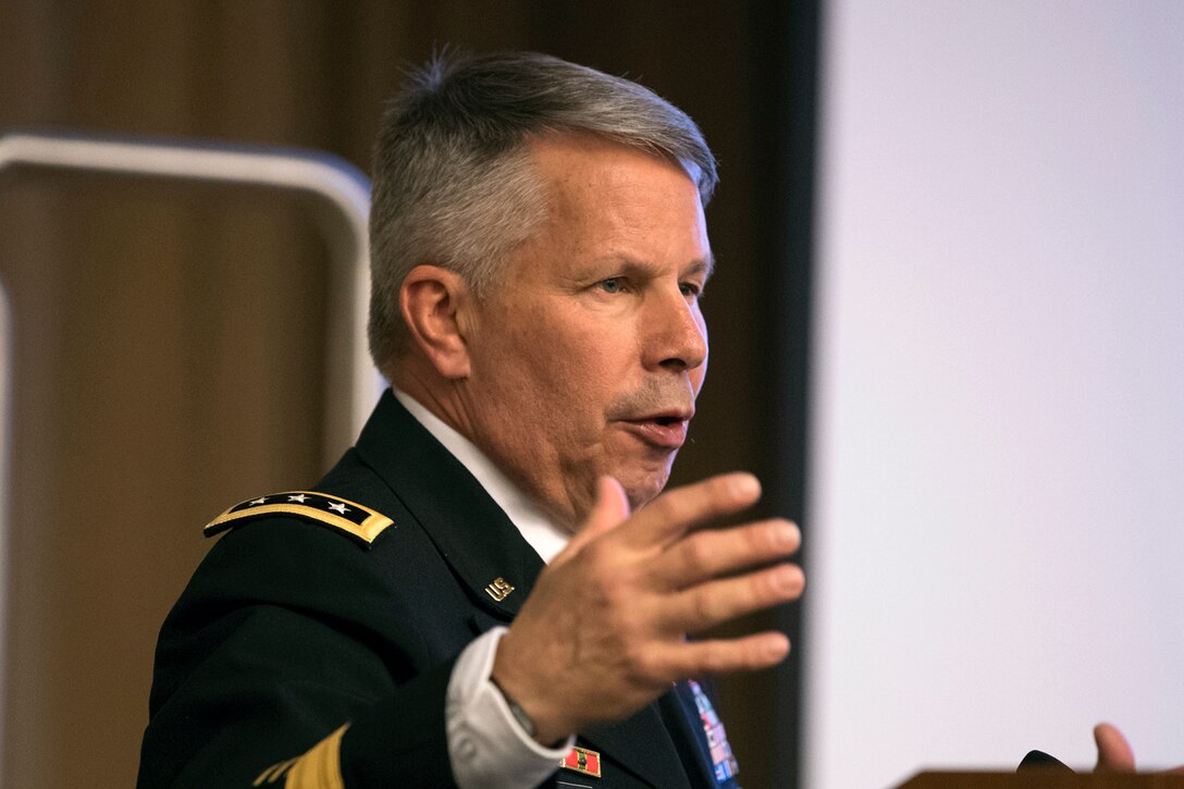 Army Lt. Gen Todd T. Semonite, chief of engineers and commanding general of U.S. Army Corps of Engineers, speaks during a 2018 Engineers Week event at the Pentagon.