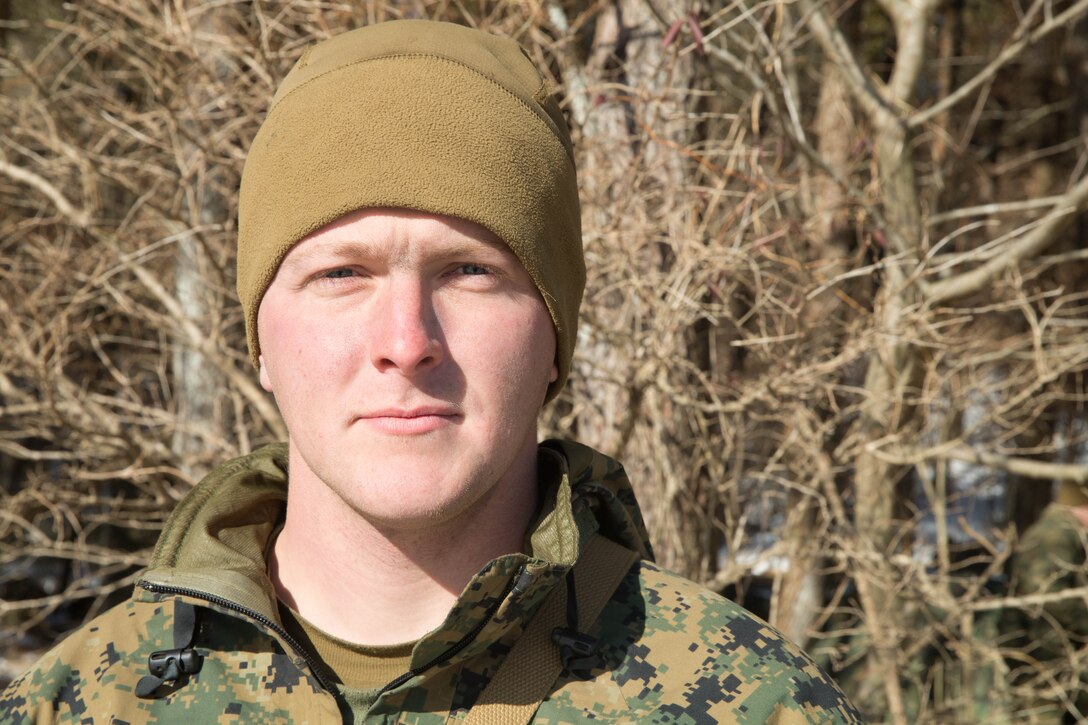 U.S. Marine Cpl. Steven Moody, takes a break from training at Mount Fuji Training area, Japan, Feb. 2, 2018.