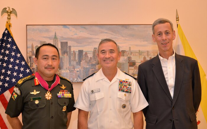 Admiral Harry B. Harris, Jr, Commander, U.S. Pacific Command, presents the Legion of Merit to Pehin Datu Pekerma Jaya Major General Dato Paduka Seri Mohd Tawih bin Abdullah, former Commander, Royal Brunei Armed Forces, at a special event hosted at the residence of U.S. Ambassador to Brunei Craig Allen. Adm. Harris is visiting Brunei to further meaningful engagement on economic and security cooperation with the sultanate. The United States and Brunei have benefited from a mutual friendship since 1850, and a security partnership since 1994.