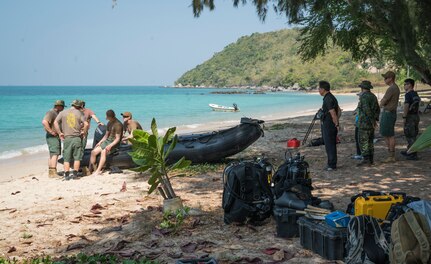 U.S. Navy Sailors assigned to Underwater Construction Team (UCT) 2 prepare to dive with Republic of Korea and Royal Thai Navy UCT for a pier assessment at the Thung Prong in Sattahip, Thailand during Exercise Cobra Gold Feb. 14, 2018. The 37th iteration of Cobra Gold is an important element of the United States and participating nations seeking to maintain readiness, develop capabilities, and enhance security and stability.
