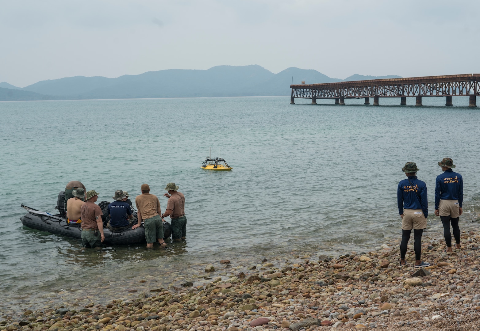 U.S. Navy Sailors assigned to Underwater Construction Team 2, observe a Teledyne Oceanscience Z-Boat 1800 hydrographic survey with Republic of Korea Navy and Royal Thai Navy UCT in Sattahip, Thailand for Exercise Cobra Gold Feb. 19, 2018. Cobra Gold 18 provides a venue for the United States, allied and partner nations to advance interoperability and increase partner capacity in planning and executing complex and realistic multinational force and combined task force operations.