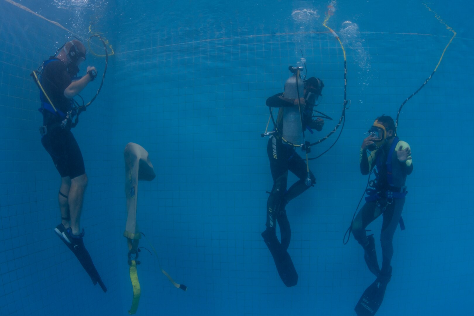 U.S. Navy Diver 1st Class John Reinemund, assigned to Mobile Diving and Salvage Unit 1, observes Royal Thai Navy divers as they descend the water column in the RTN Dive School pool in Sattahip, Thailand for Exercise Cobra Gold Feb. 19, 2018. Cobra Gold 18 provides a venue for the United States, allied and partner nations to advance interoperability and increase partner capacity in planning and executing complex and realistic multinational force and combined task force operations.