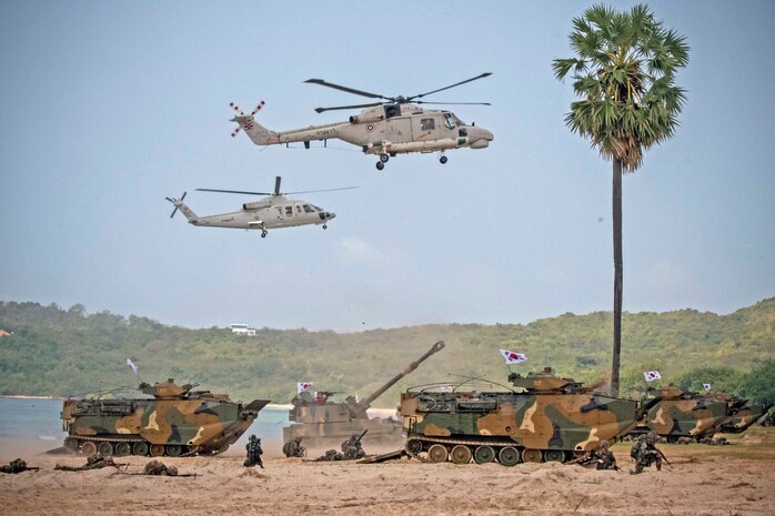 The U.S., Republic of Korea, and Royal Thai armed forces launch an amphibious assault on Hat Yao Beach, Rayong province, Thailand during Exercise Cobra Gold 2018, Feb. 17, 2018. CG18 provides a venue for the United States, allied and partner nations to advance interoperability and increase partner capacity in planning and executing complex and realistic multinational force and combined task force operations. CG18 is an annual exercise conducted in the Kingdom of Thailand held from Feb. 13-23 with seven full participating nations
