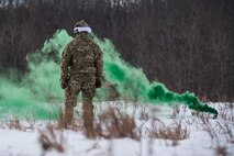 Defenders from the 91st Security Forces Group, Minot Air Force Base, North Dakota, participated in a three-day field training exercise in the Turtle Mountain State Forest, North Dakota, Feb. 12-14, 2018. During the training, 91st SFG Airmen learned survival techniques including; how to build shelters and fires, set snares, navigate to a landing zone and vector rescue helicopters. (U.S. Air Force photo by Senior Airman J.T. Armstrong)