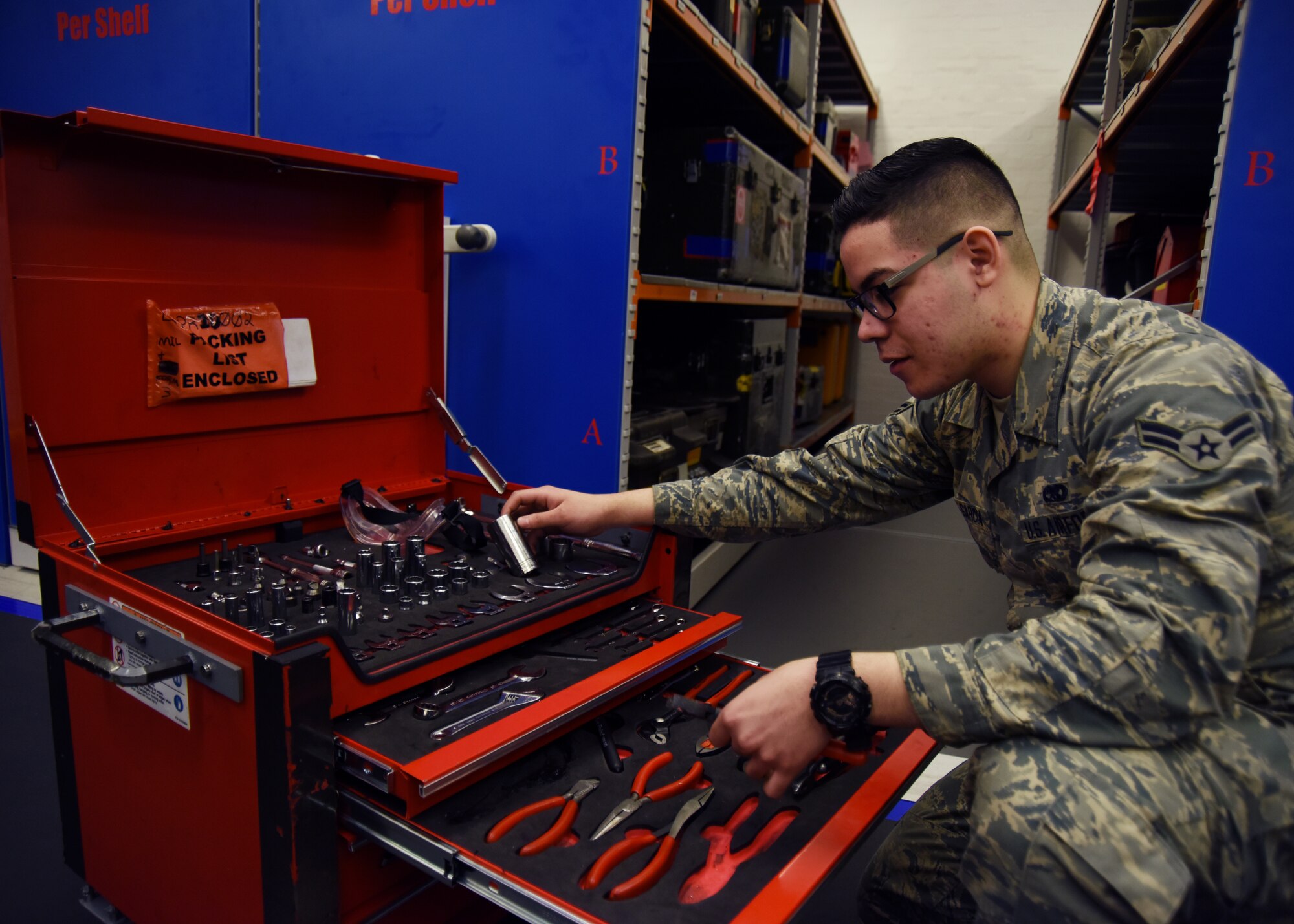 Airman 1st Class Juan Rios-Garcia, 48th Equipment Maintenance Squadron support technician, checks tools in a heavy maintenance box at Royal Air Force Lakenheath, England, Feb. 14. The EMS support sections maintains the tools needed to complete in-depth phase inspections of Liberty Wing aircraft. (U.S. Air Force photo/Senior Airman Abby L. Finkel)