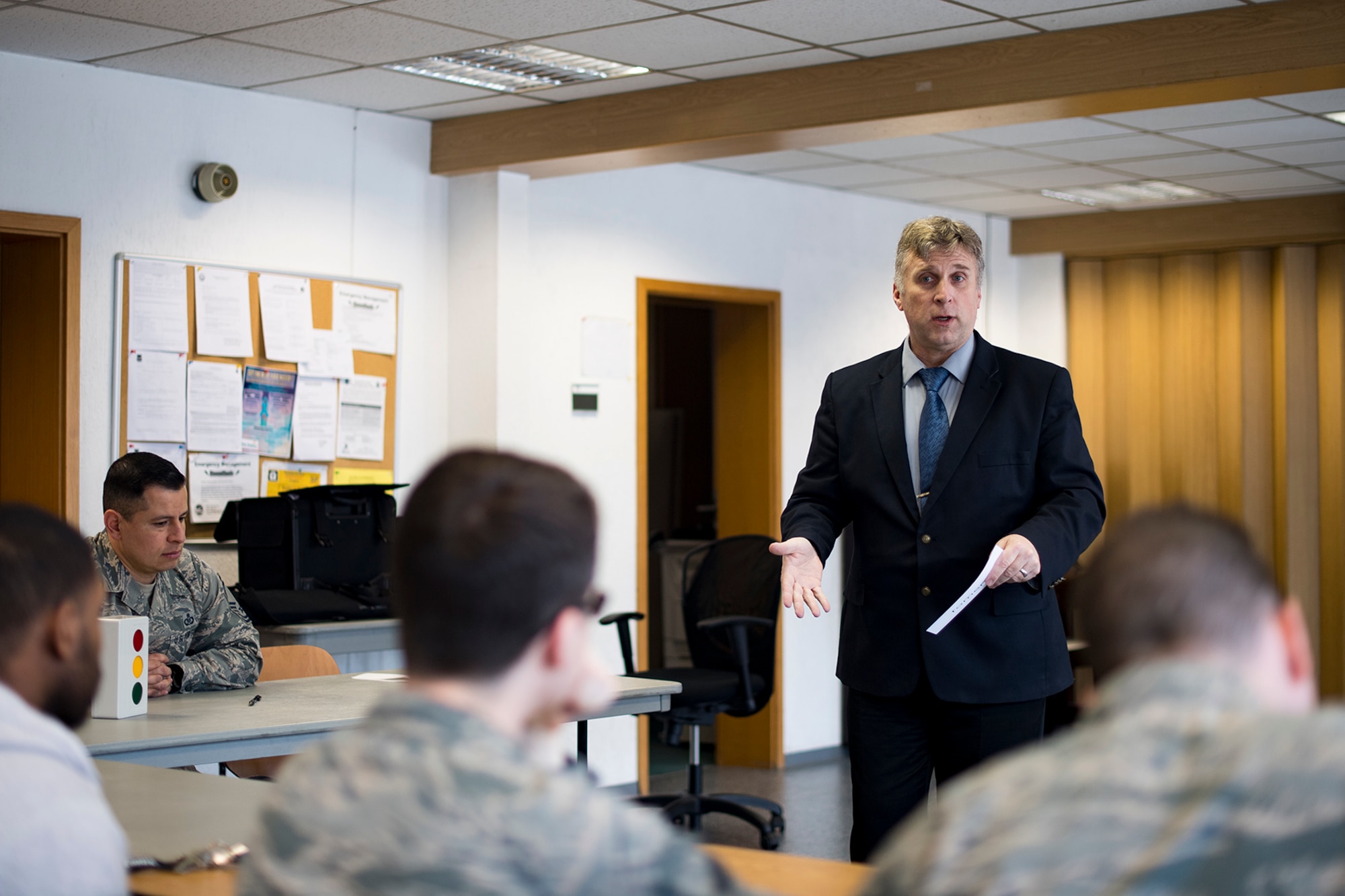 David Sears, Ramstein Speakers Association mentor, speaks during a Toastmasters meeting at the Southside Chapel on Ramstein Air Base, Feb. 20, 2018. Toastmasters RSA currently meets up on the first, second, and third Tuesday of each month to improve public speaking skills. (U.S. Air Force photo by Senior Airman Devin Boyer)