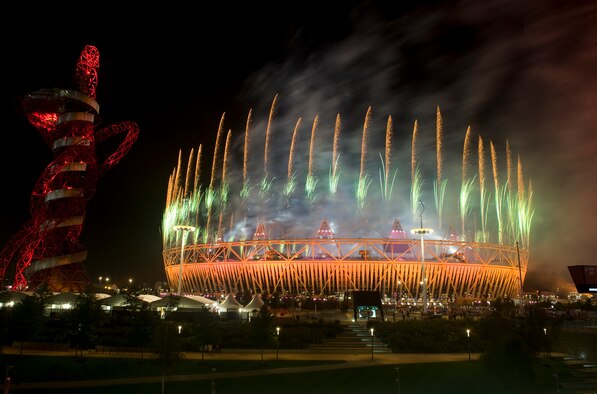 Fireworks light up Olympic Stadium in London during the opening ceremonies of the Paralympic Games Aug. 29, 2012. The Paralympics is a major international sporting event in which thousands of athletes, including wounded and injured U.S. service members, participate in a variety of sporting events. (U.S. Air Force photo by Master Sgt. Sean M. Worrell)