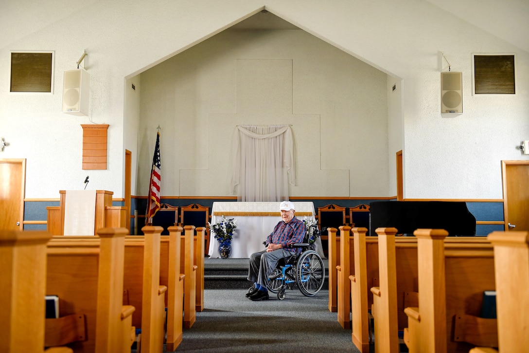 Retired Air Force Brig. Gen. Chuck Yeager visits the Chapel on the Mall during a tour.