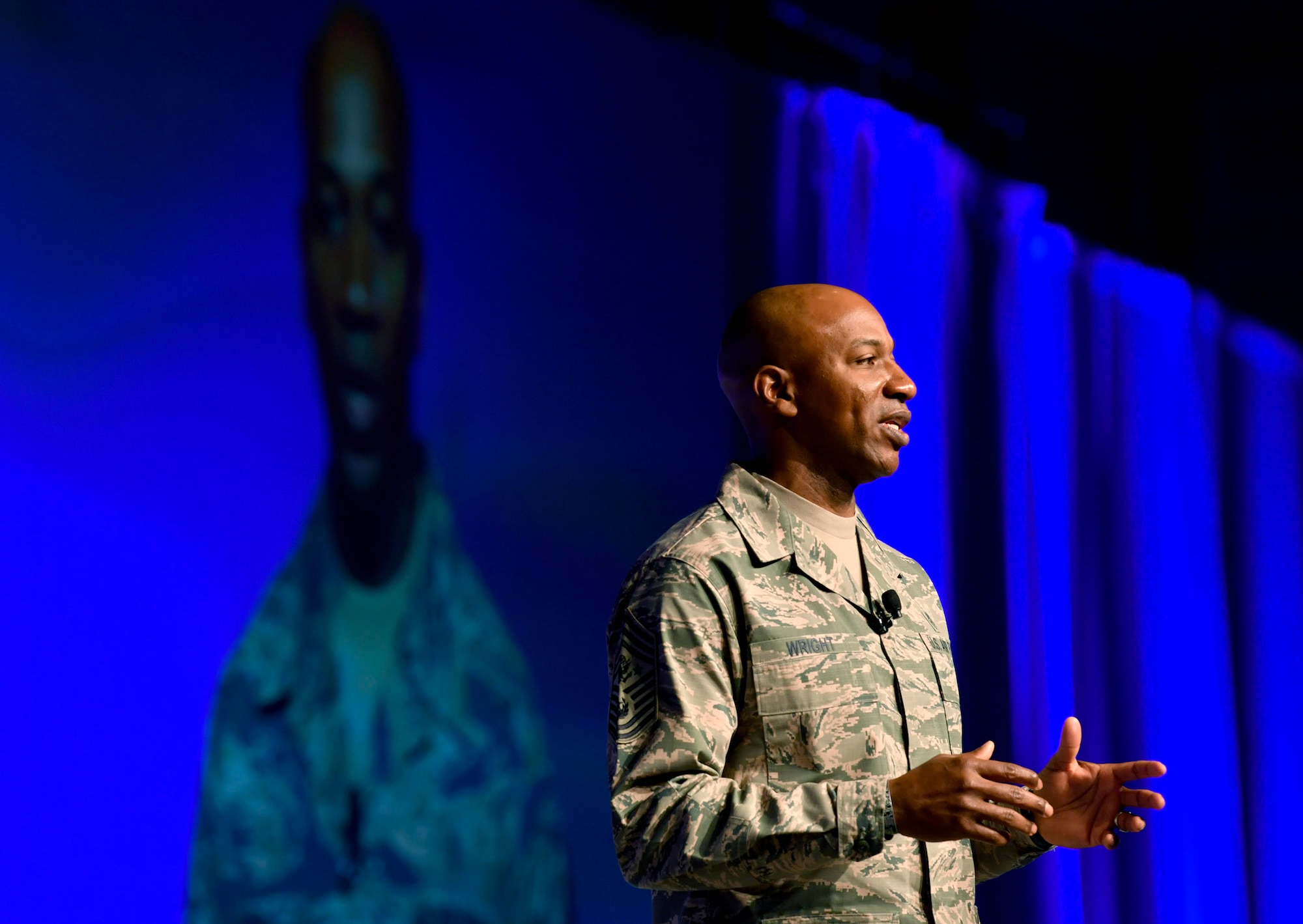 Chief Master Sgt. of the Air Force Kaleth O. Wright speaks about harnessing the innovative spirit of Airmen during the Air Force Association Air Warfare Symposium in Orlando, Fla., Feb. 22, 2018. (U.S. Air Force photo by Wayne A. Clark)