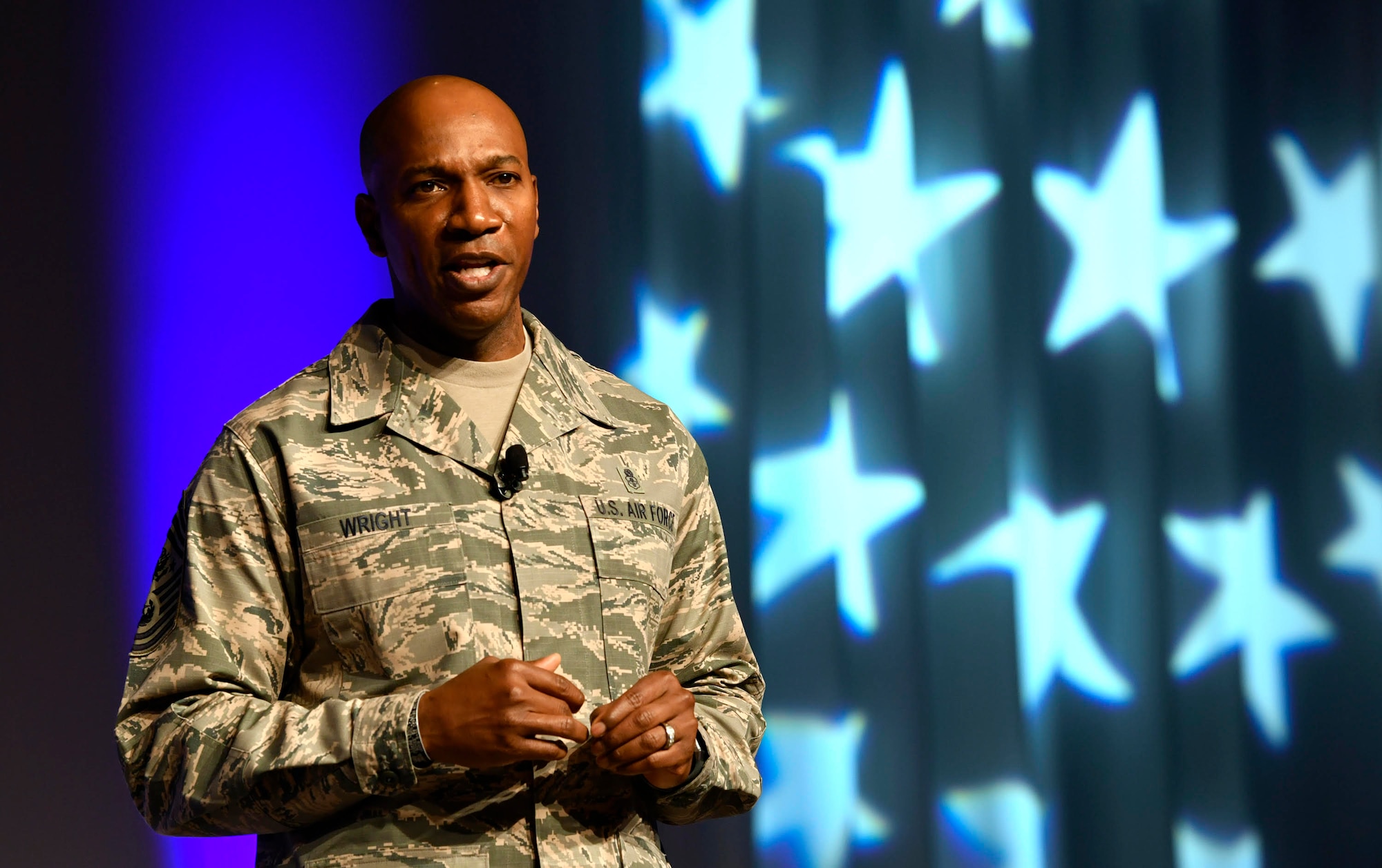 Chief Master Sgt. of the Air Force Kaleth O. Wright speaks about harnessing the innovative spirit of Airmen during the Air Force Association Air Warfare Symposium in Orlando, Fla., Feb. 22, 2018. (U.S. Air Force photo by Wayne A. Clark)