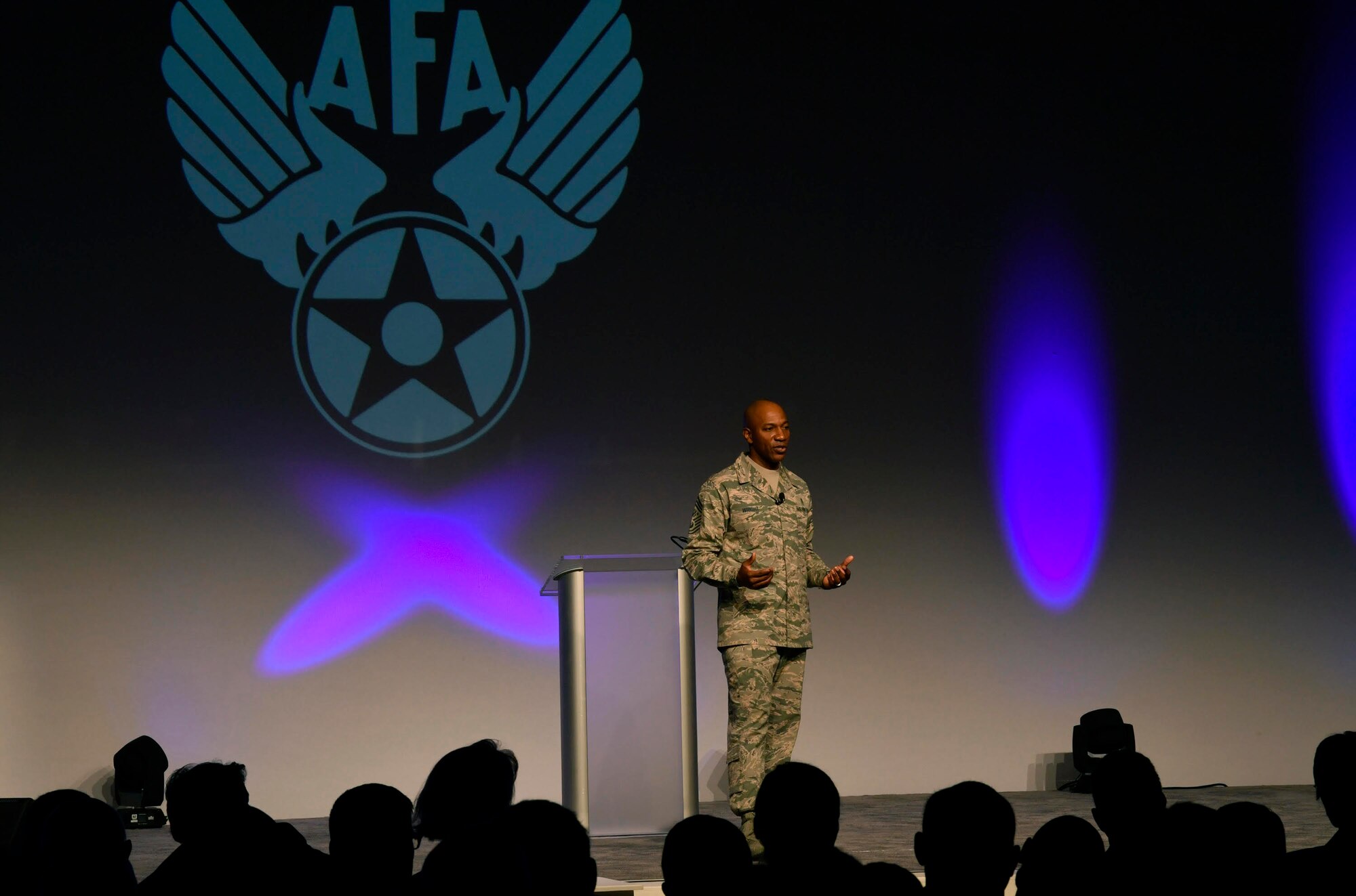 Chief Master Sgt. of the Air Force Kaleth O. Wright speaks about harnessing the innovative spirit of Airmen during the Air Force Association Air Warfare Symposium in Orlando, Fla., Feb. 22, 2018. (U.S. Air Force photo by Wayne A. Clark)