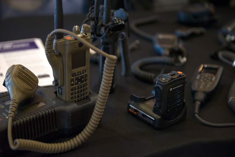 Radio communication devices adorn a technology company representative’s booth during the 2018 Luke Tech Expo at Luke Air Force Base, Ariz., Feb. 22, 2018. The tech expo exhibited mission-centric technology from approximately 20 industry-leading commercial partners. (U.S. Air Force photo/Senior Airman Ridge Shan)
