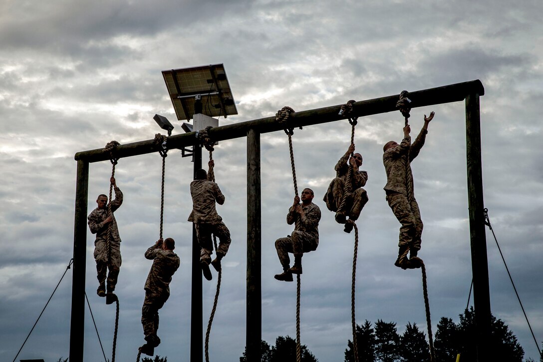 Six Marines climb ropes tied to a wooden structure outside.