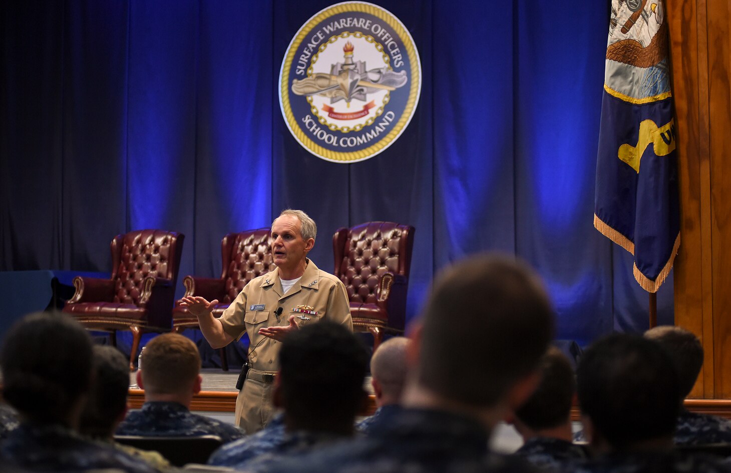 NEWPORT, R.I. (February. 21, 2018) Vice Adm. Phil Sawyer, commander, U.S. 7th Fleet, addresses students and staff assigned to Surface Warfare Officers School (SWOS). Sawyer’s purpose was to provide an overview of 7th Fleet readiness and to provide feedback on how training ties into ensuring safe and effective operations at sea.