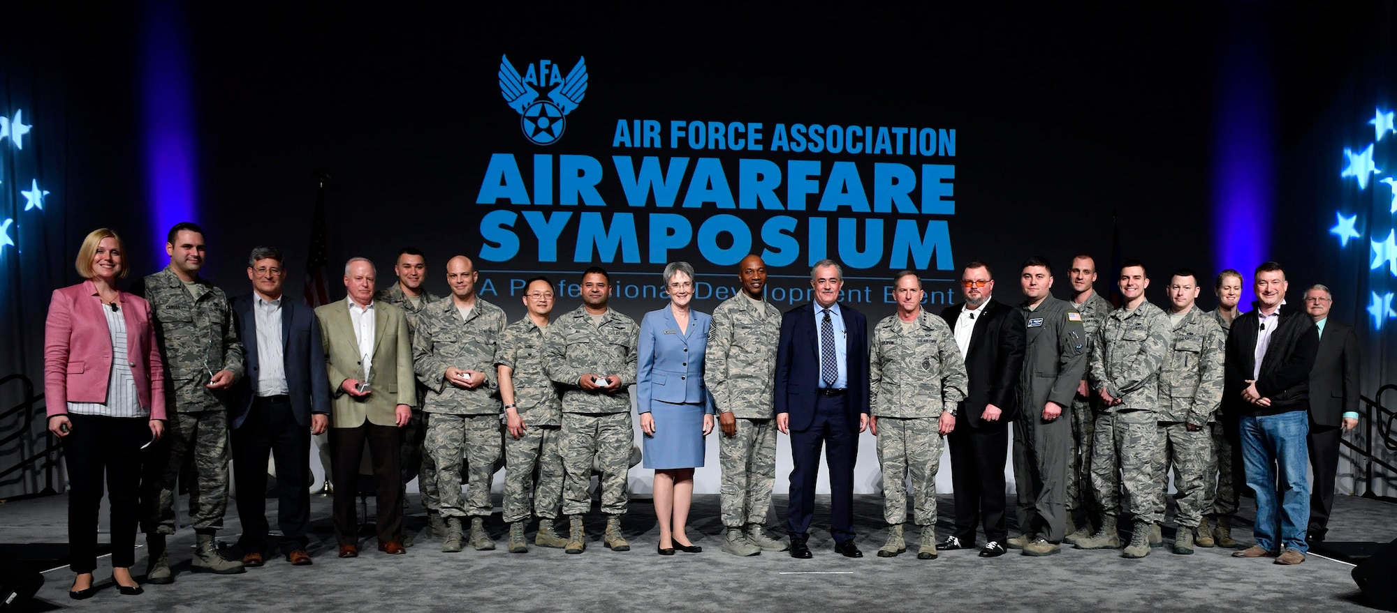 All Spark Tank finalists pose for a photo with members of the panel during the Air Force Association Air Warfare Symposium, Orlando, Fla., Feb. 22, 2018. (U.S. Air Force photo by Wayne A. Clark)