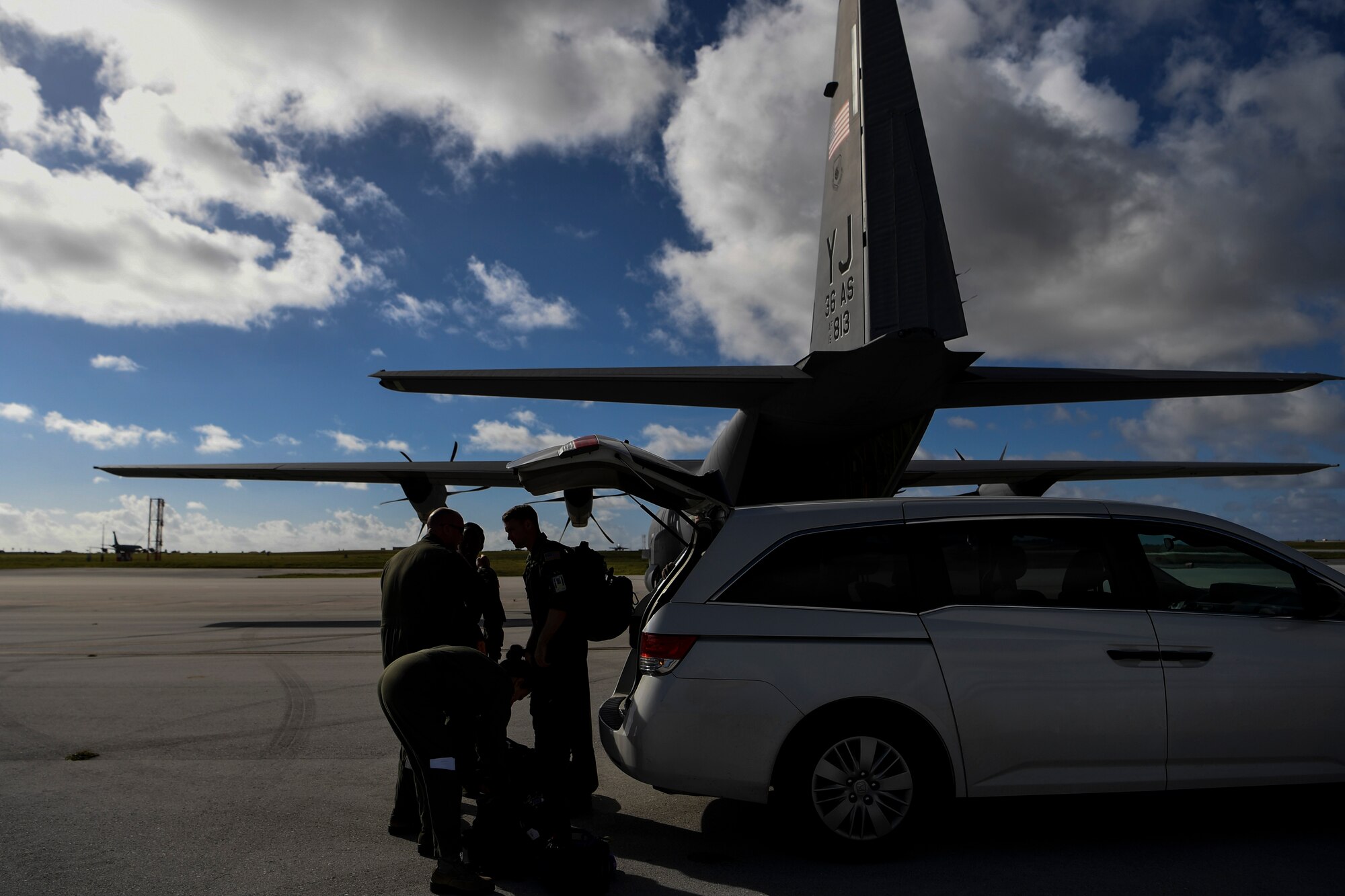 U.S. Air Force Reserve Airmen arrive for an aeromedical mission at the Andersen Air Force Base, Guam, flightline during exercise COPE NORTH 18 (CN18), Feb. 19.