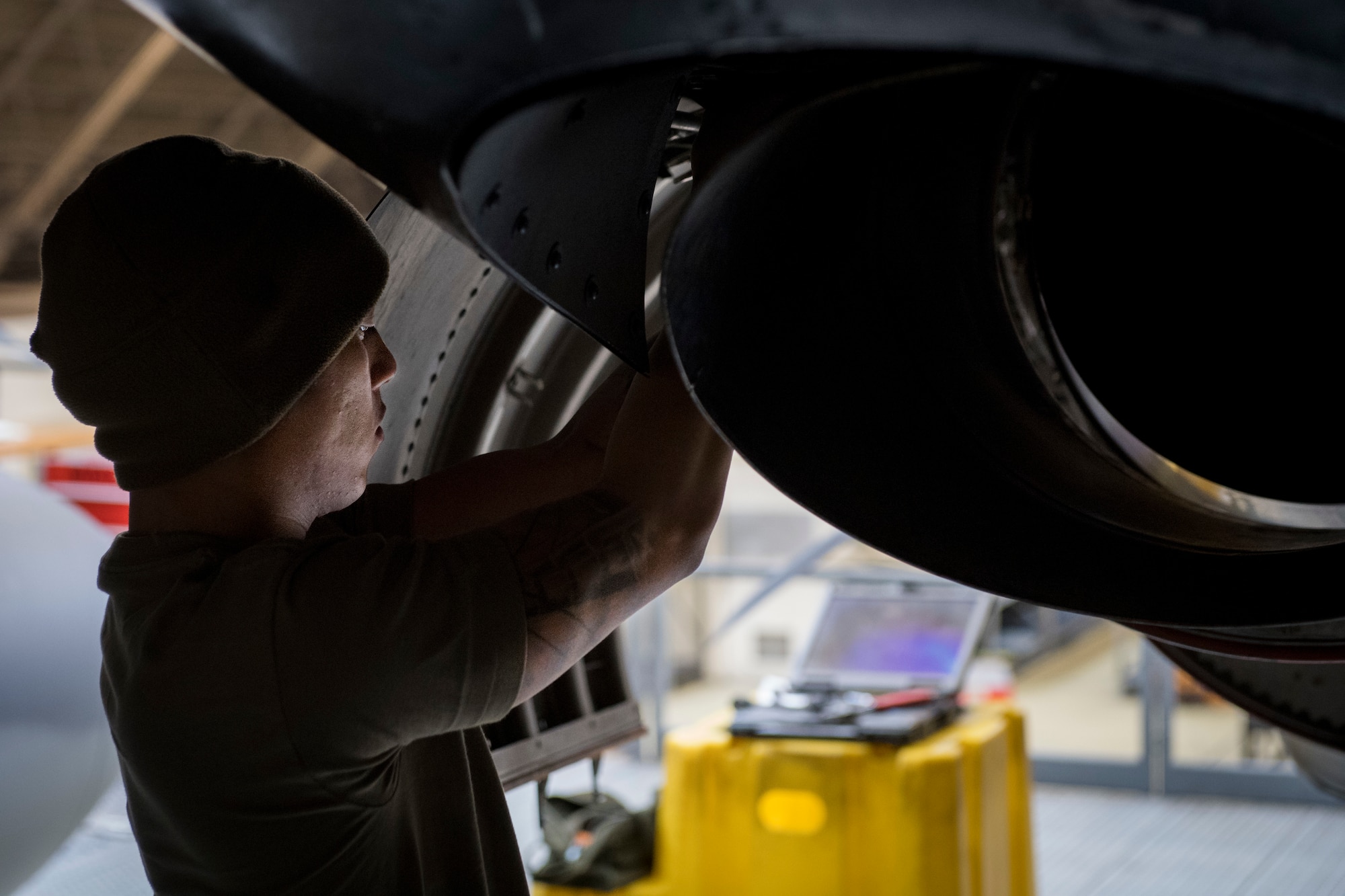 An Airman with the 374th Maintenance Squadron works to install a tail pipe ejector on a C-130J Super Hercules’ Rolls Royce AE2100D3 engine, Feb. 22, 2018, at Yokota Air Base, Japan.