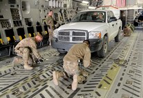 Airmen of the 455th Expeditionary Logistics Readiness Squadron central command material recovery element load a pick-up truck onto a C-17 Globemaster III Feb. 17, 2018 at Bagram Airfield, Afghanistan.