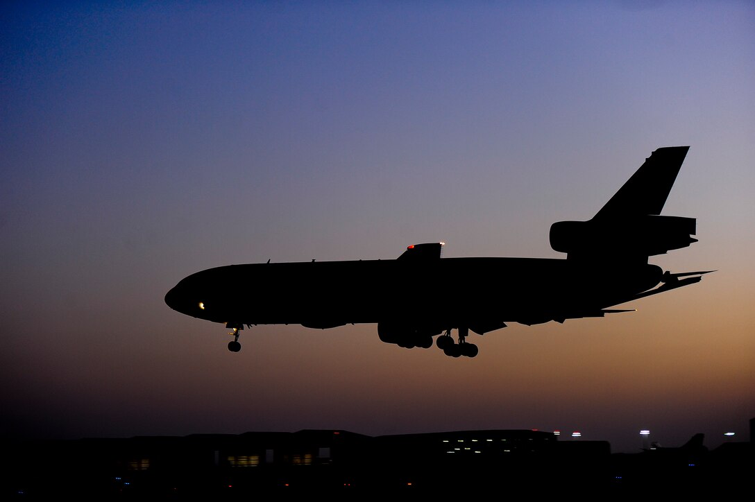 An U.S. Air Force KC-10 Extender returns to the 380th Air Expeditionary Wing, Al Dhafra Air Base, Unite Arab Emirates after completing a mission in support of Operation Inherent Resolve, Feb. 13, 2018. The KC-10 provides refueling capabilities to U.S. and Coalition aircraft defending the region and delivering decisive Airpower to the fight against ISIS.
 (U.S. Air Force photo by Tech. Sgt. Anthony Nelson Jr.)