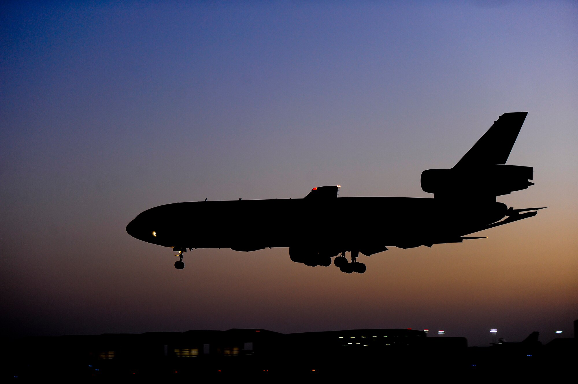 An U.S. Air Force KC-10 Extender returns to the 380th Air Expeditionary Wing, Al Dhafra Air Base, Unite Arab Emirates after completing a mission in support of Operation Inherent Resolve, Feb. 13, 2018. The KC-10 provides refueling capabilities to U.S. and Coalition aircraft defending the region and delivering decisive Airpower to the fight against ISIS.
 (U.S. Air Force photo by Tech. Sgt. Anthony Nelson Jr.)