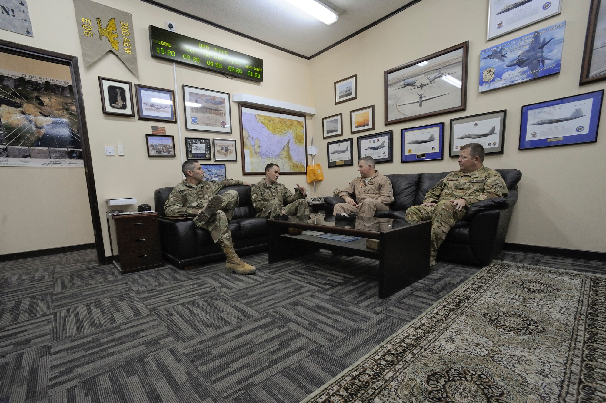 U.S. Air Force Col. Eric Rivera and Col. Troy Morgan, Air Forces Central Command air reserve component advisors, meet with 380th Expeditionary Operations Group leadership on Al Dhafra Air Base, United Arab Emirates, Feb. 7, 2018. The ARC advisors traveled to ADAB in an effort to ease the transition between deployments for Air National Guardsmen and Air Force Reservists. (U.S. Air Force photo by Airman 1st Class D. Blake Browning)
