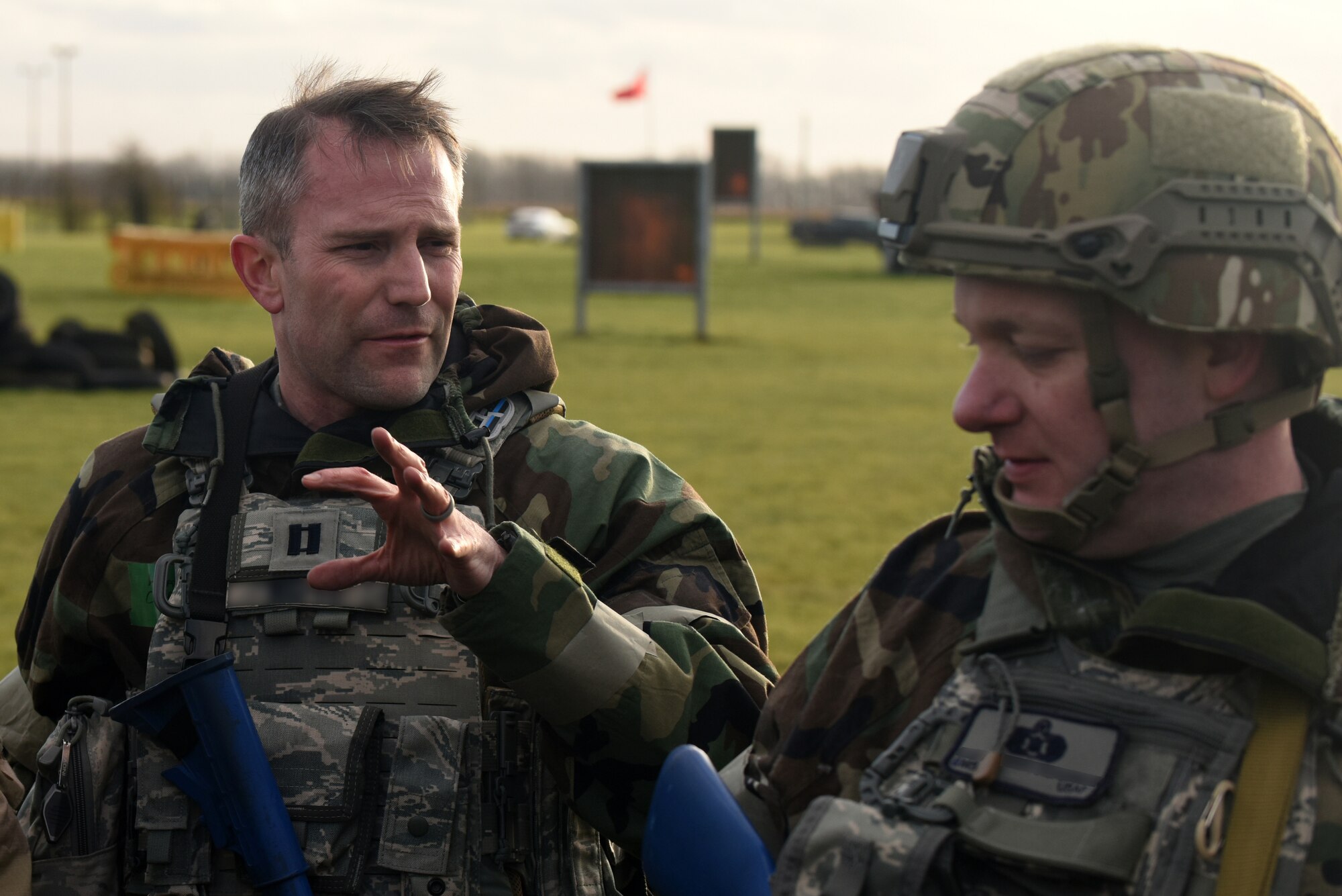 A participant of a chemical, biological, radiological, nuclear and explosive exercise reviews his team’s performance after a drill at Royal Air Force Feltwell, England, Feb. 12. CBRNE exercises provide Airmen a chance to utilize learned techniques in a simulated environment. (U.S. Air Force photo/Airman 1st Class Eli Chevalier)