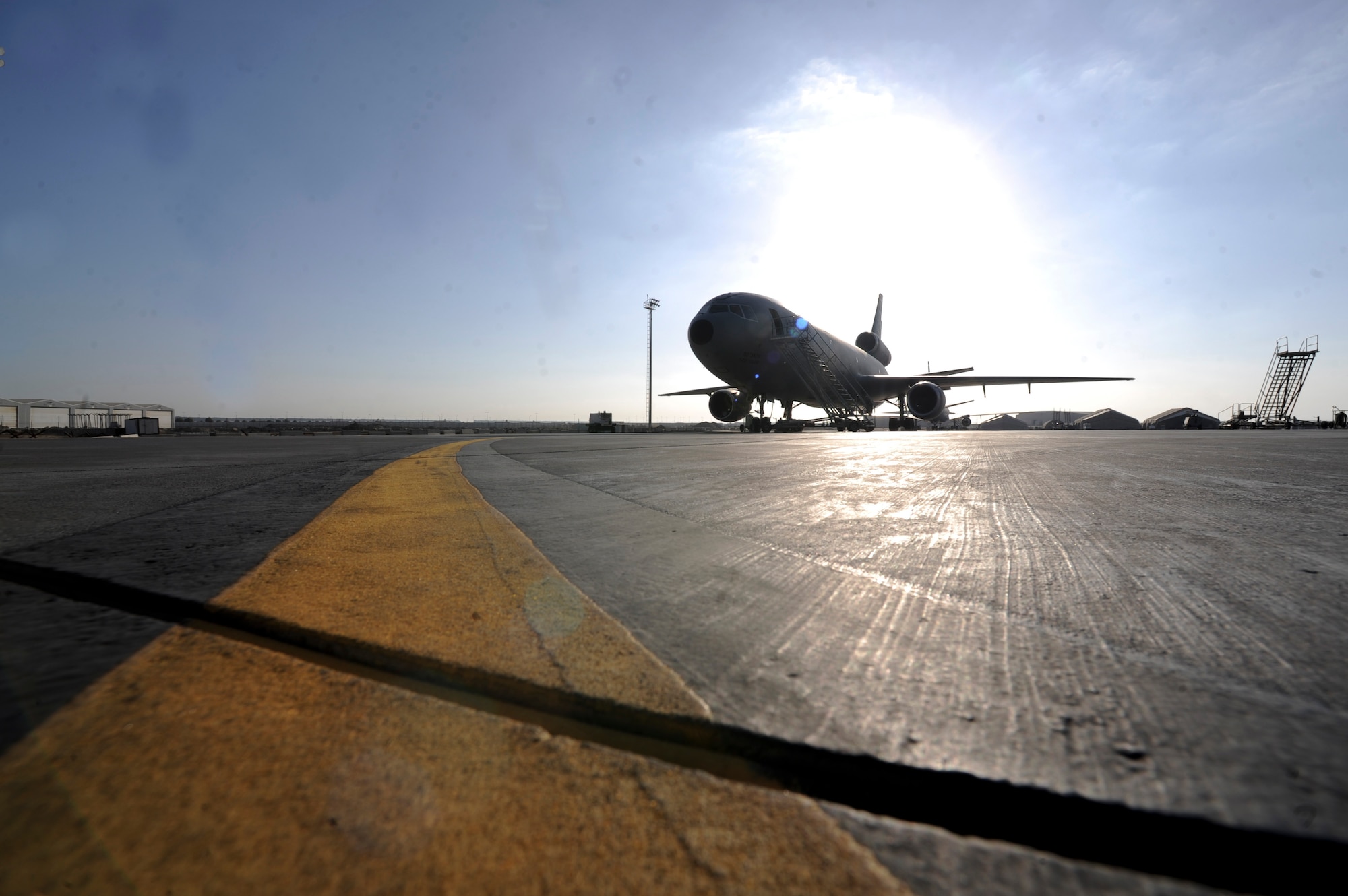 A U.S. Air Force KC-10 Extender assigned to the 380th Air Expeditionary Wing, Al Dhafra Air Base, United Arab Emirates, sits on the flight line Feb. 2, 2018. The KC-10 Extender is an advanced tanker and cargo aircraft that is designed to increase the Air Force’s global mobility through aerial refueling. (U.S. Air Force photo by Airman 1st Class D. Blake Browning)