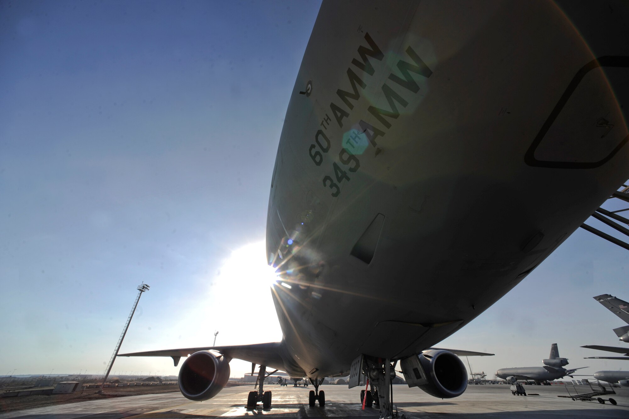 A U.S. Air Force KC-10 Extender assigned to the 380th Air Expeditionary Wing, Al Dhafra Air Base, United Arab Emirates, sits on the flight line Feb. 2, 2018. This KC-10 Extender is one of 59 in the active duty Air Force’s inventory, first introduced in 1981. (U.S. Air Force photo by Airman 1st Class D. Blake Browning)