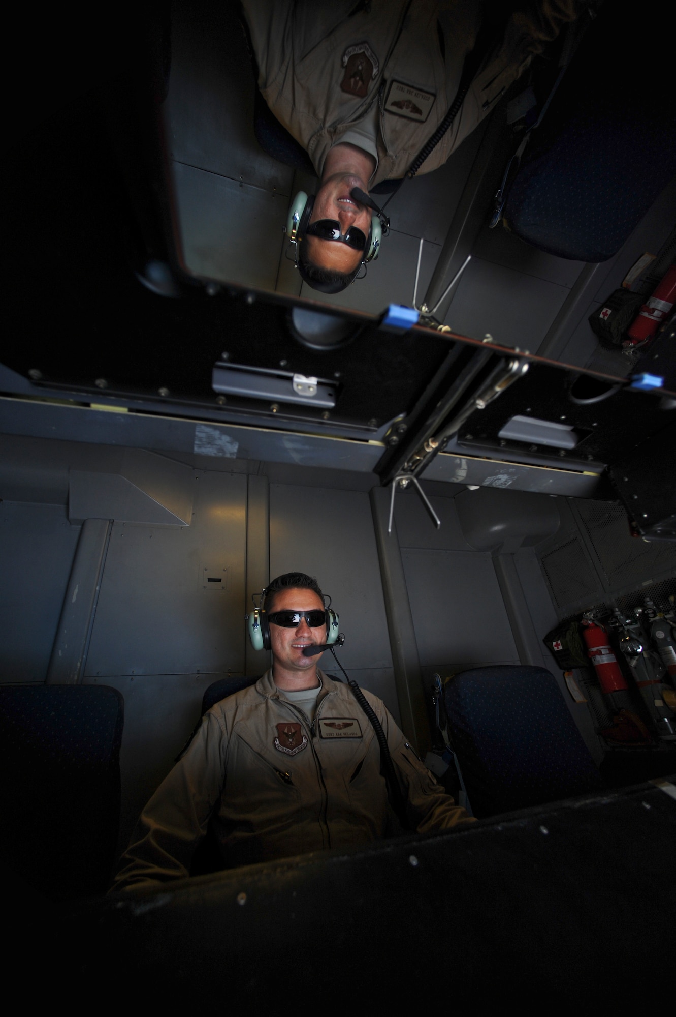 U.S. Air Force Staff Sgt. Abe Velasco, 908th Expeditionary Refueling Squadron KC-10 Extender in-flight refueling operator, controls the boom above the Arabian Gulf, Feb. 2, 2018. The KC-10 mission flew in support of Operation Inherent Resolve, a Combined Joint Task Force assembled to defeat ISIS in designated areas of Iraq and Syria. (U.S. Air Force photo by Airman 1st Class D. Blake Browning)