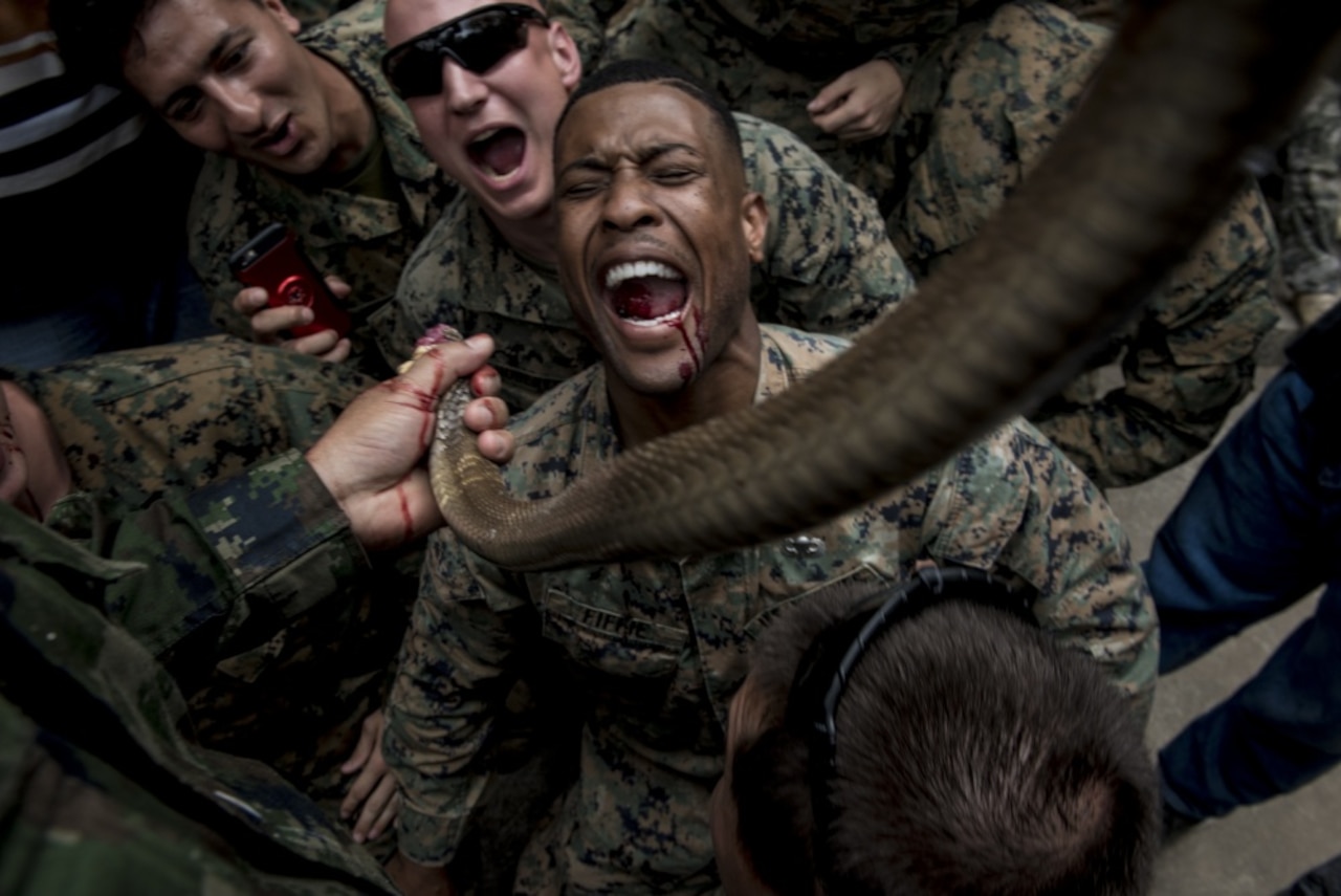 Marine Corps Sgt. Christopher Fiffie, who’s assigned to the 3rd Reconnaissance Battalion, 3rd Marine Division, drinks cobra blood during jungle survival training in Sattahip, Thailand.