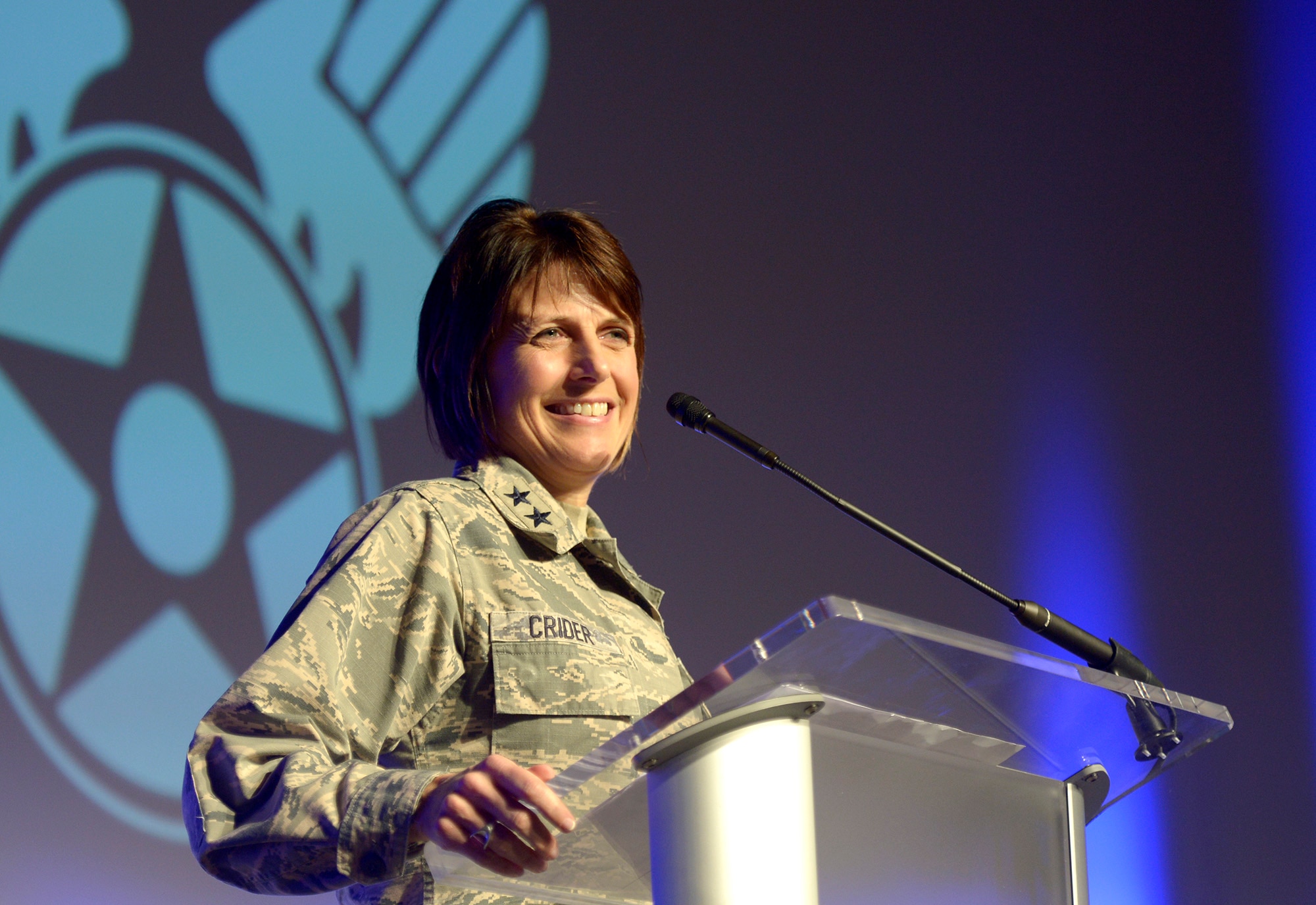 Maj. Gen. Kim Crider, Air Force chief data officer, speaks during the Air Force Association Air Warfare Symposium Feb. 23, 2018, Orlando, Fla. Founded in summer 2017, the Chief Data Office remains focused on unleashing the value of data across the Air Force. (U.S. Air Force photo by Staff Sgt. Rusty Frank)