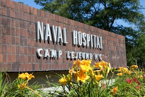 A brick sign for Naval Hospital Camp Lejeune stands amid daylilies.