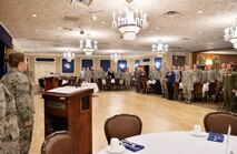 U.S. Air Force Airman 1st Class Aliyah Richling, vocalist with the Heartland of America Band, sings the National Anthem during the National Prayer Breakfast at the Patriot Club on Offutt Air Force Base, Nebraska, Feb. 15, 2018. The annual event is an opportunity for Department of Defense members, regardless of faith background, to come together and pray for our nation’s safety, prosperity, and freedom.