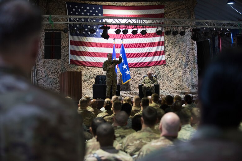 General Mike Holmes, commander of Air Combat Command, speaks to service members during a visit at an undisclosed location February 16, 2018. During his address, Holmes outlined his plans to help train and equip Air Force units to a level necessary to respond to new global threats. (U.S. Air Force photo by Staff Sgt. Joshua Kleinholz)